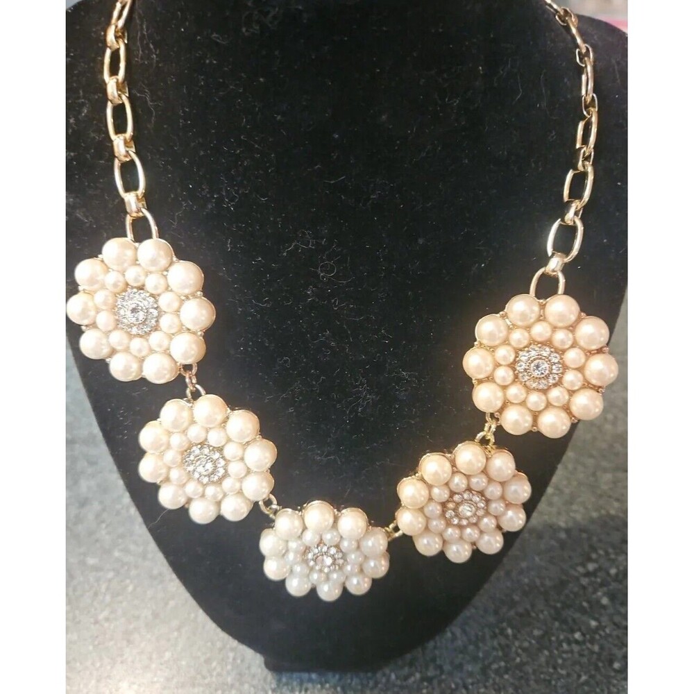 Talbots Faux Pearl Rhinestone Flower Collar Goldtone Necklace